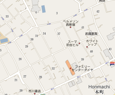 a map of Honmachi, Japan showing city blocks labelled with 1-2 digit numbers, and most streets as unlabeled